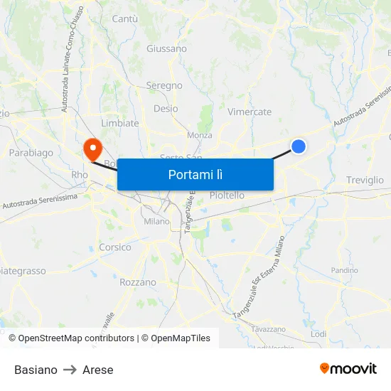 Basiano to Arese map