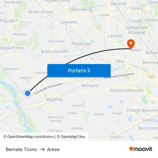 Bernate Ticino to Arese map