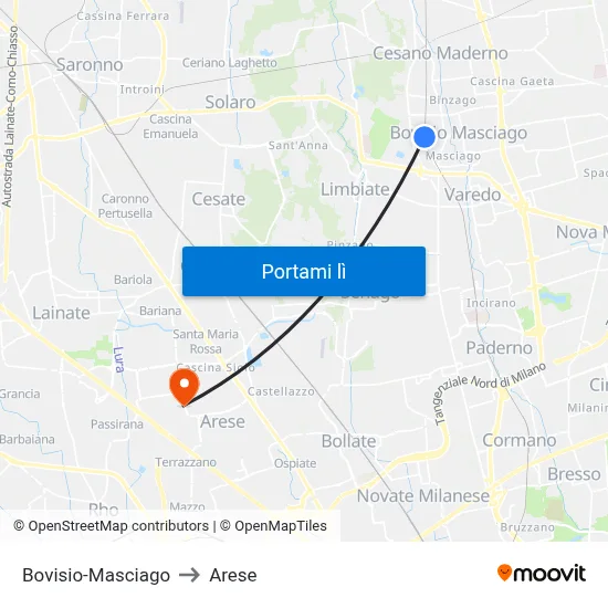Bovisio-Masciago to Arese map