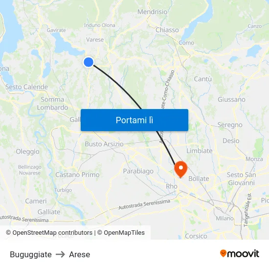 Buguggiate to Arese map