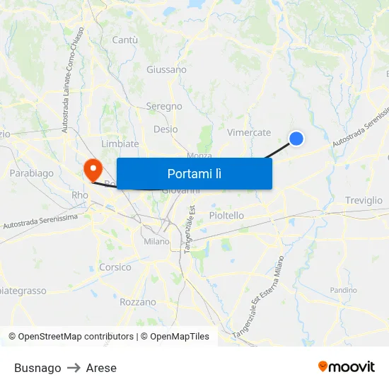 Busnago to Arese map