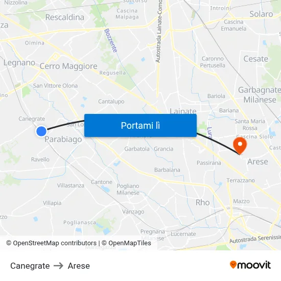 Canegrate to Arese map