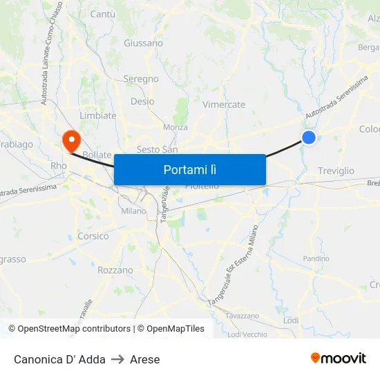 Canonica D' Adda to Arese map