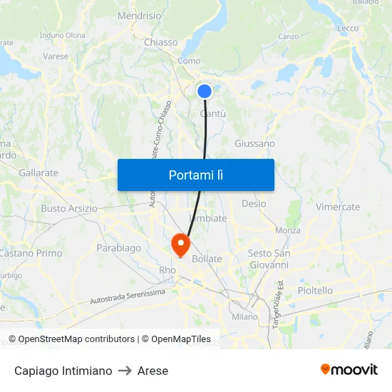 Capiago Intimiano to Arese map