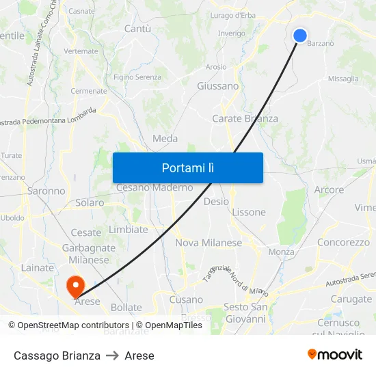 Cassago Brianza to Arese map