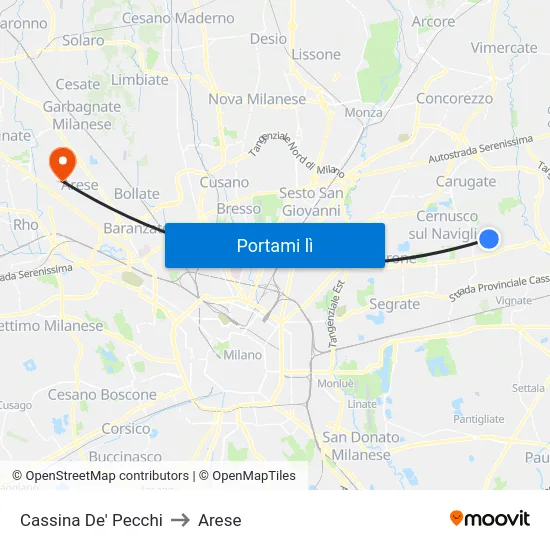 Cassina De' Pecchi to Arese map