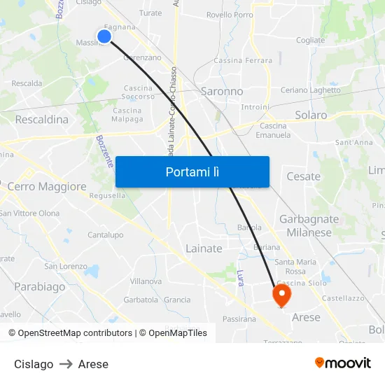 Cislago to Arese map