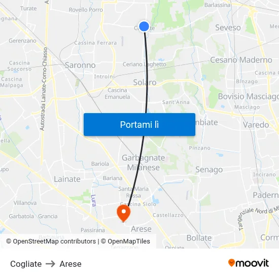 Cogliate to Arese map