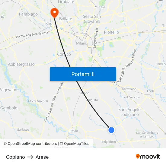 Copiano to Arese map
