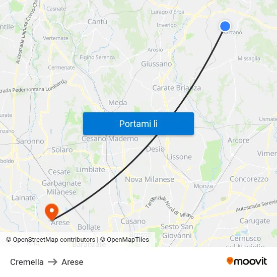 Cremella to Arese map