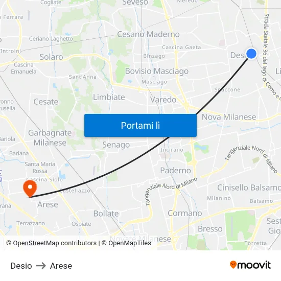 Desio to Arese map