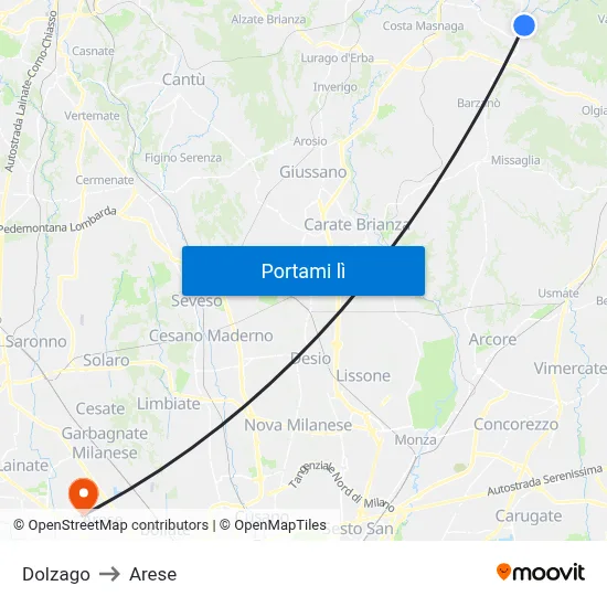 Dolzago to Arese map
