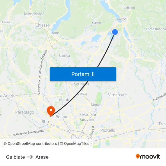 Galbiate to Arese map