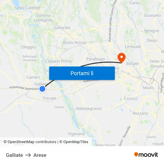 Galliate to Arese map