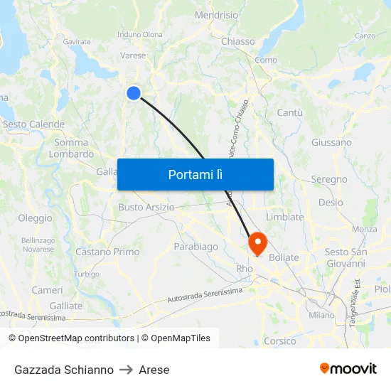 Gazzada Schianno to Arese map
