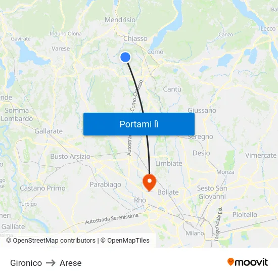 Gironico to Arese map