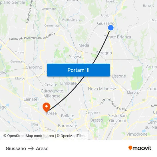 Giussano to Arese map