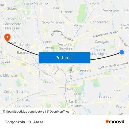 Gorgonzola to Arese map