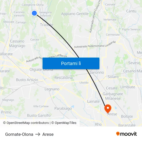 Gornate-Olona to Arese map