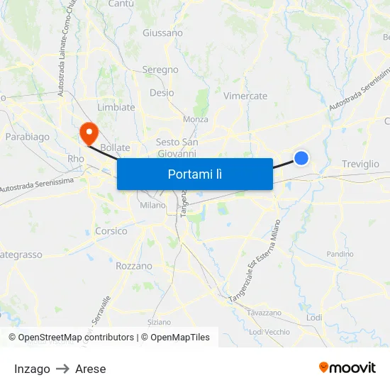 Inzago to Arese map
