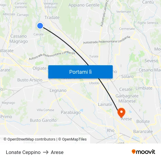 Lonate Ceppino to Arese map