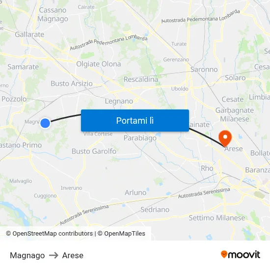 Magnago to Arese map