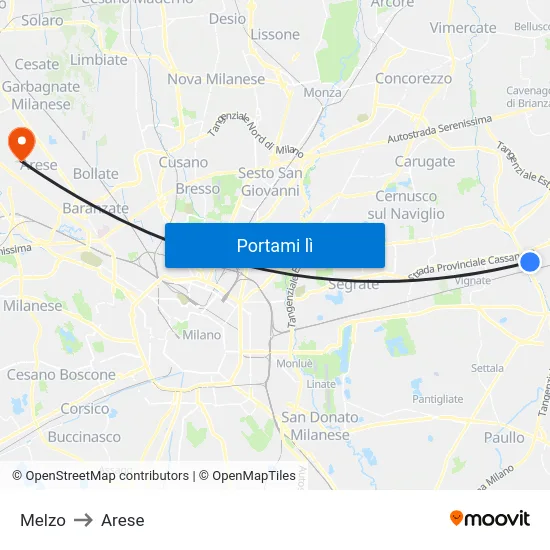 Melzo to Arese map