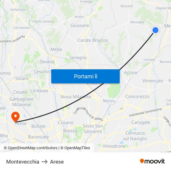 Montevecchia to Arese map