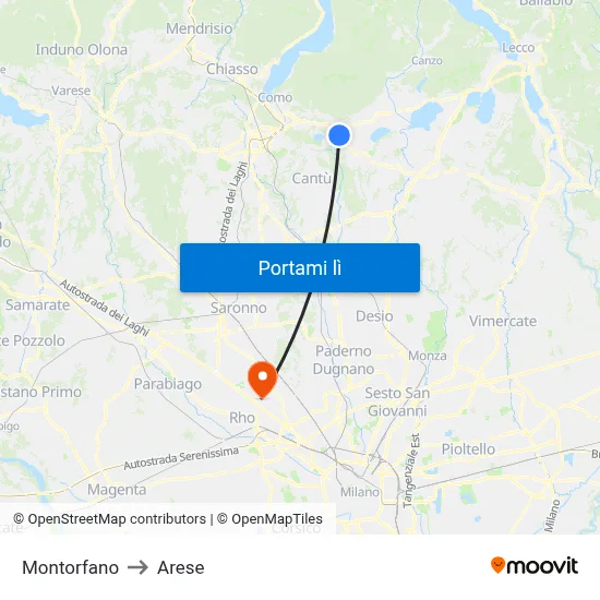 Montorfano to Arese map