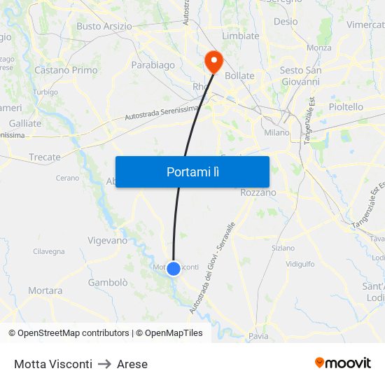 Motta Visconti to Arese map