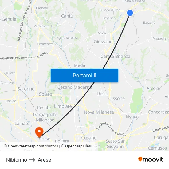 Nibionno to Arese map