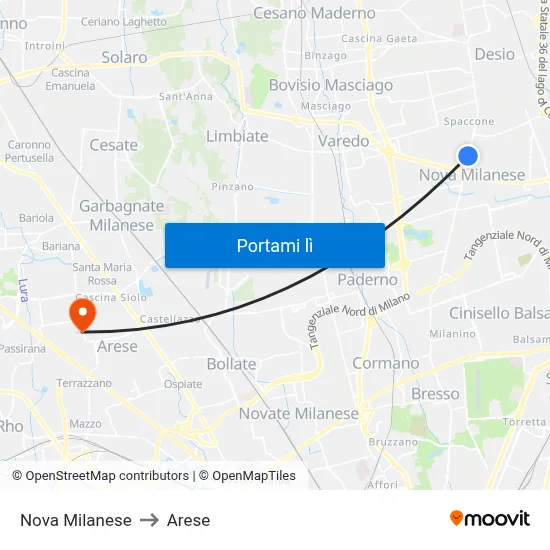 Nova Milanese to Arese map