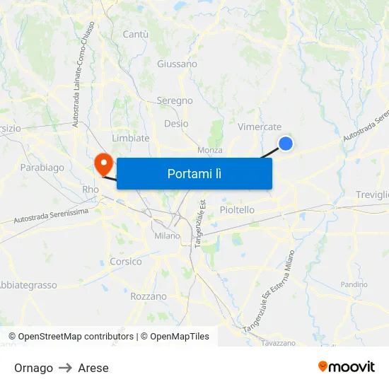 Ornago to Arese map