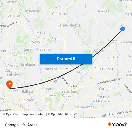 Osnago to Arese map