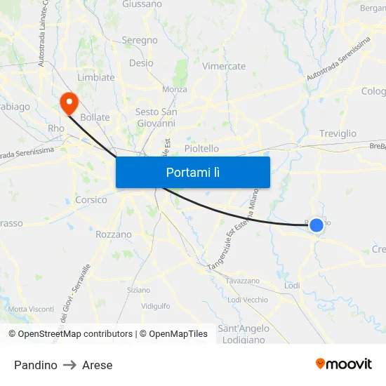 Pandino to Arese map