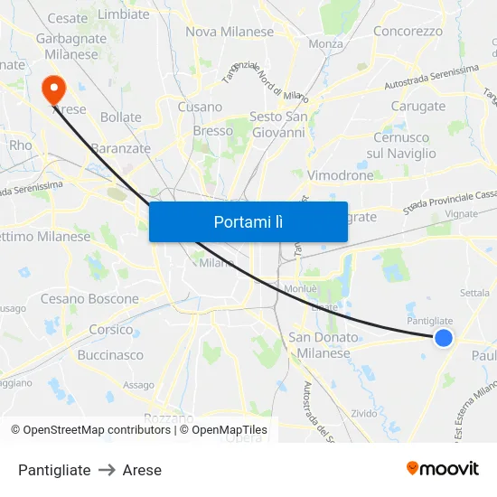 Pantigliate to Arese map