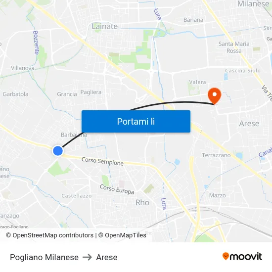 Pogliano Milanese to Arese map