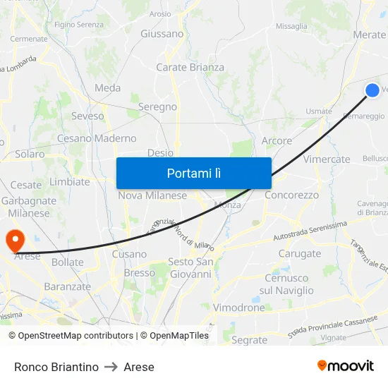 Ronco Briantino to Arese map