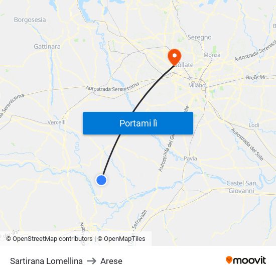 Sartirana Lomellina to Arese map