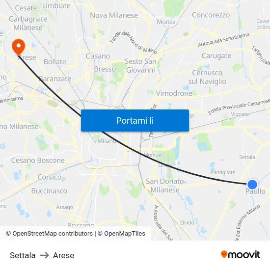 Settala to Arese map