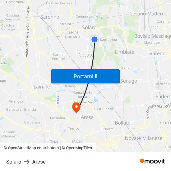 Solaro to Arese map