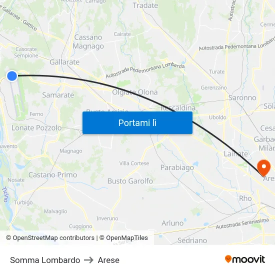 Somma Lombardo to Arese map