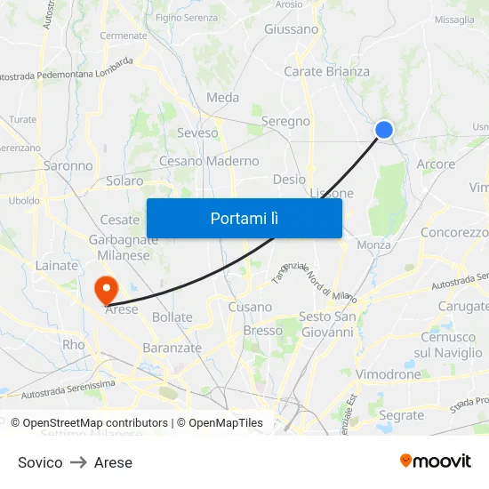Sovico to Arese map