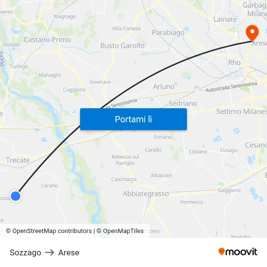 Sozzago to Arese map