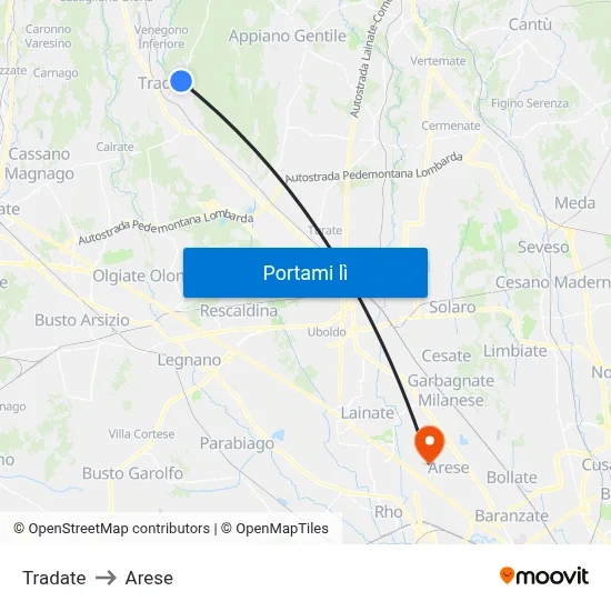 Tradate to Arese map
