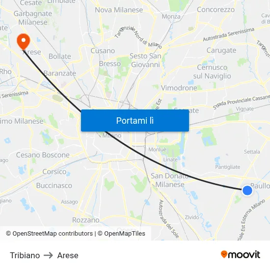 Tribiano to Arese map