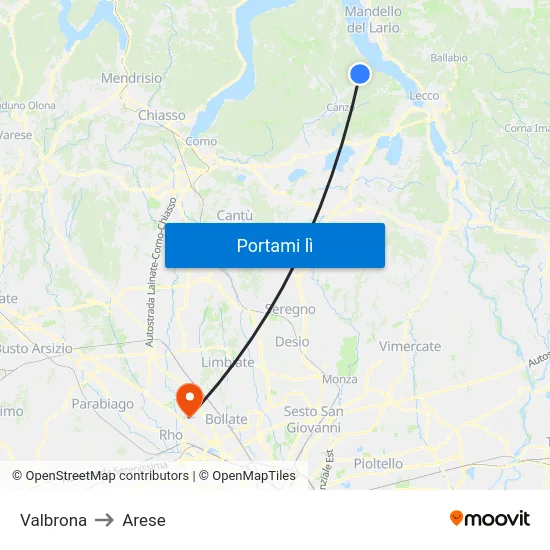 Valbrona to Arese map