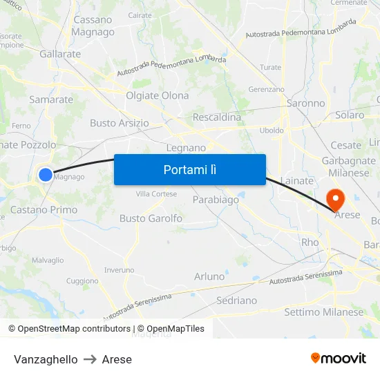 Vanzaghello to Arese map