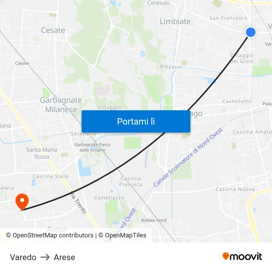 Varedo to Arese map