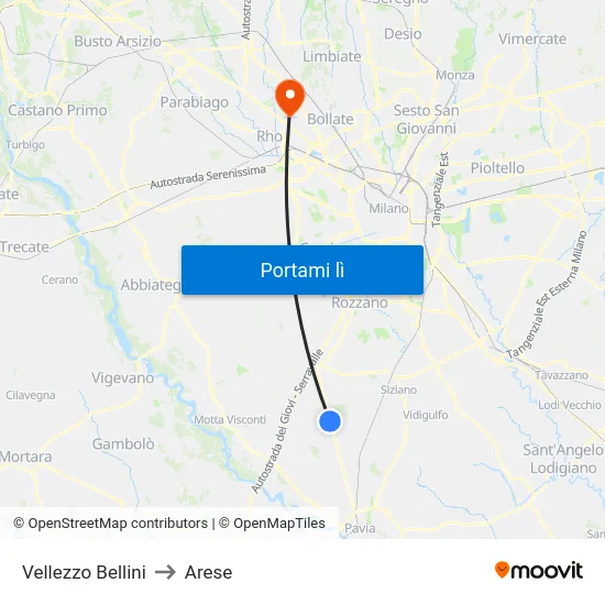 Vellezzo Bellini to Arese map